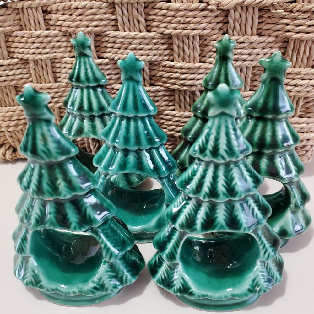 6 Green Christmas Tree Napkin Ring 3.5" ceramic holders Holiday vintage